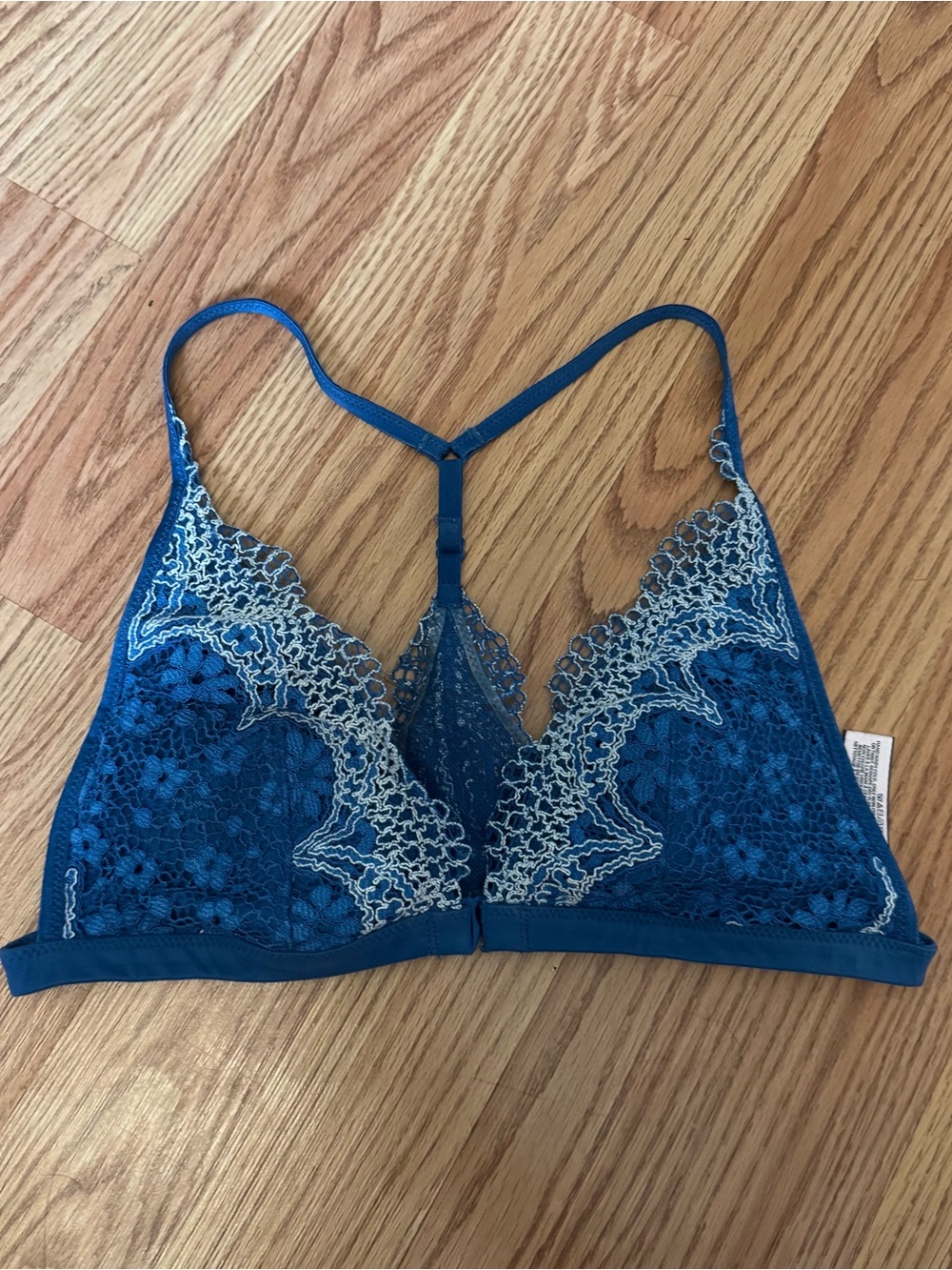 Victoria's Secret Blue Lace Racerback Bralette with White Embroidery